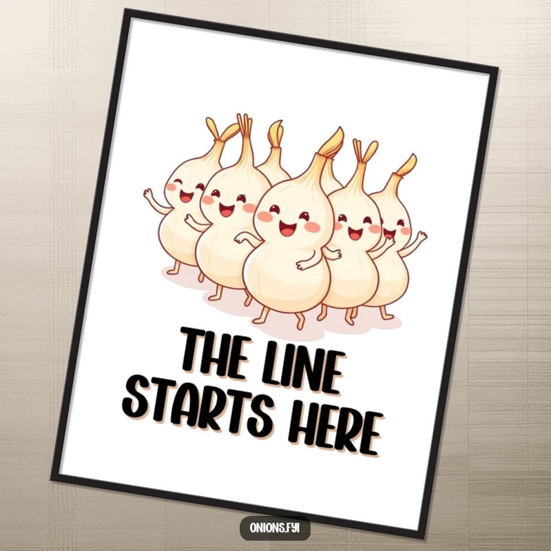 Funny onions dancing in a conga line, depicted as festive wall art, perfect for parties.