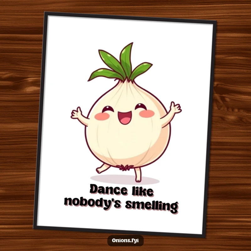Funny Onion Poster: Joyful onion character in a silly dance, leafy top spinning, vibrant and humorous wall art.