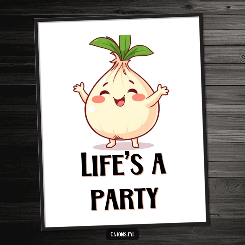 Funny onion character dancing energetically with swaying leaves, displayed as wall art, bringing cheer.