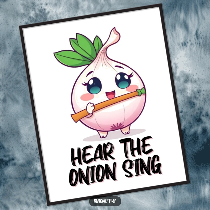 Funny onion character with excited eyes plays a leaf-shaped flute, creating a joyful and humorous wall art.