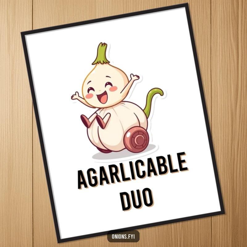 Funny poster art of an onion character riding a rolling garlic clove, conveying humorous veggie adventure.