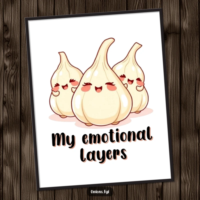 Funny poster print of giggling onions playing hide-and-seek behind garlic cloves, whimsical vegetable art for a cheerful space.