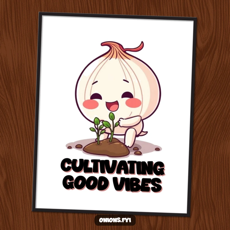 Funny poster art of an onion character actively and happily planting a tiny seedling, symbolizing new growth and nature.