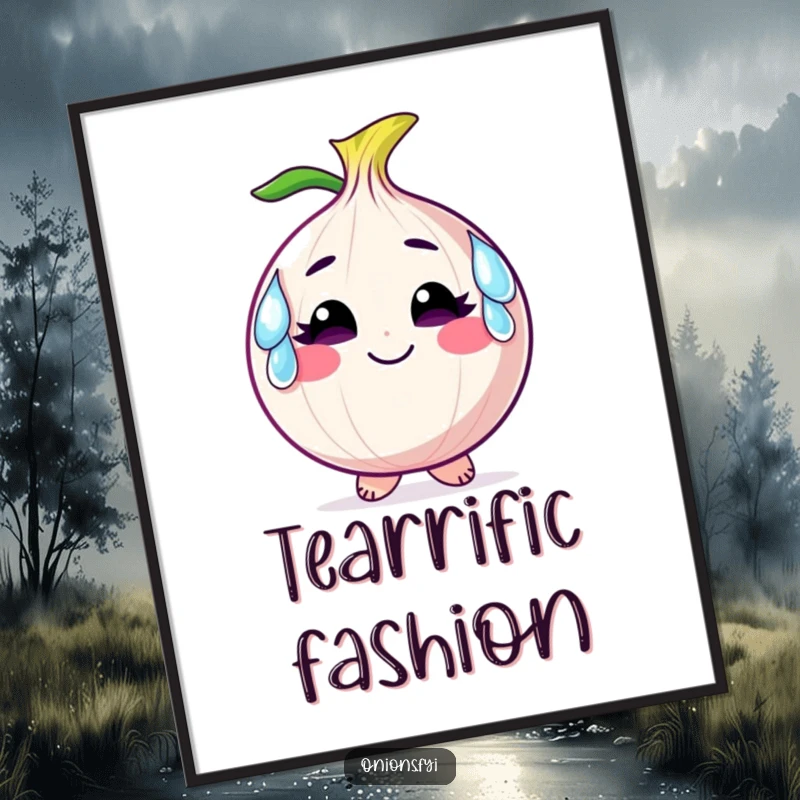 Funny poster showing a smiling onion character wearing comical tears as earrings, perfect for whimsical and emotional wall art.