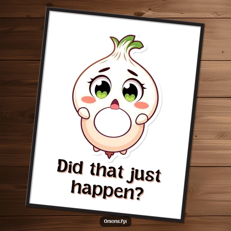 Funny onion character surprised, dropping large onion ring, wide eyes, poster art, funny gift.