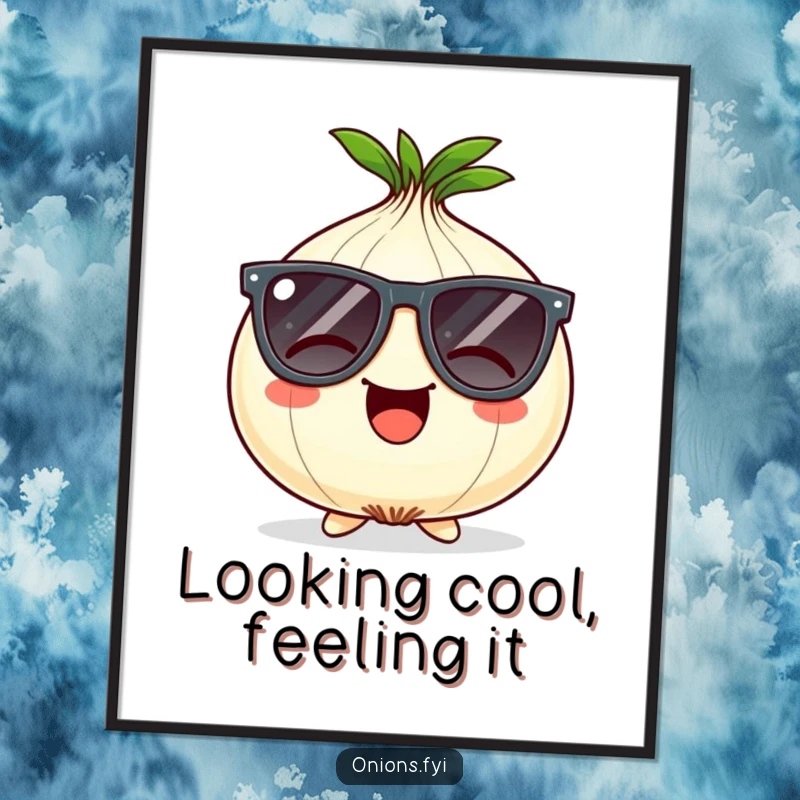 Funny Onion Poster: Giggling onion character wears oversized, comical sunglasses, radiating coolness and humor.