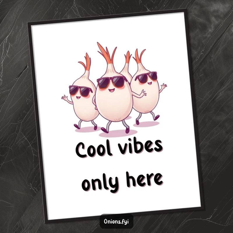 Funny onions wearing sunglasses dancing energetically, poster art, cool dancing wall decor, funny gift.