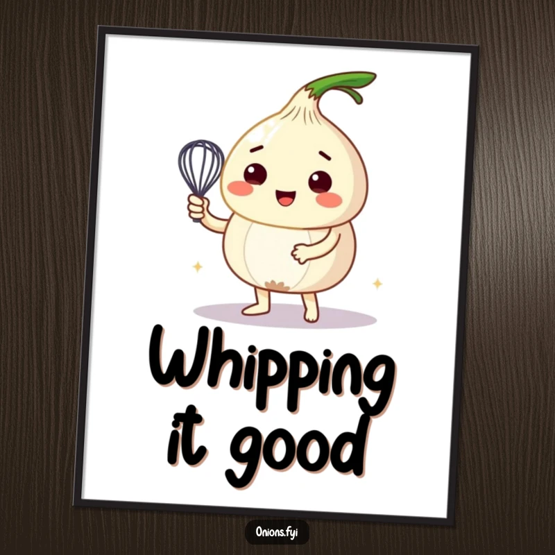 Funny poster showing an onion character expertly whisking a frothy, bubbly liquid, bringing a humorous touch to kitchen art.