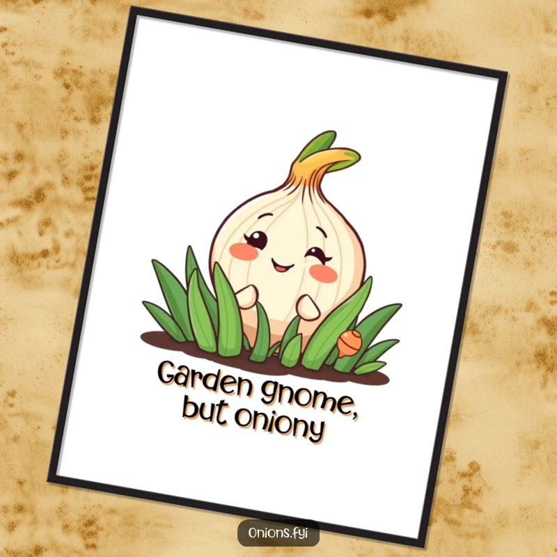Funny poster art of a happy onion character peeking from a garden, wearing a big, inviting grin.