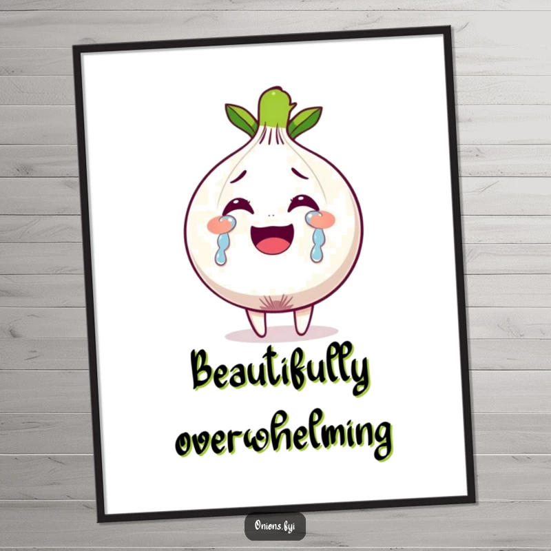 Funny poster of an onion character shedding abundant tears of joy, illustrating the beauty of overwhelming happiness.