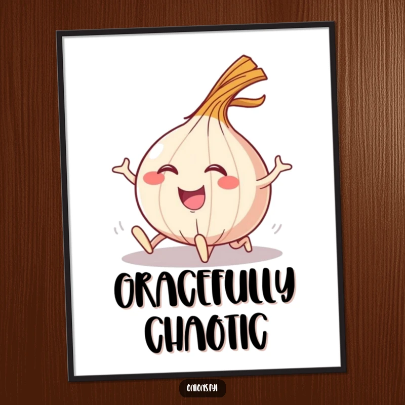 Funny poster print of a happy onion character tripping and landing with a dramatic, comical flourish.