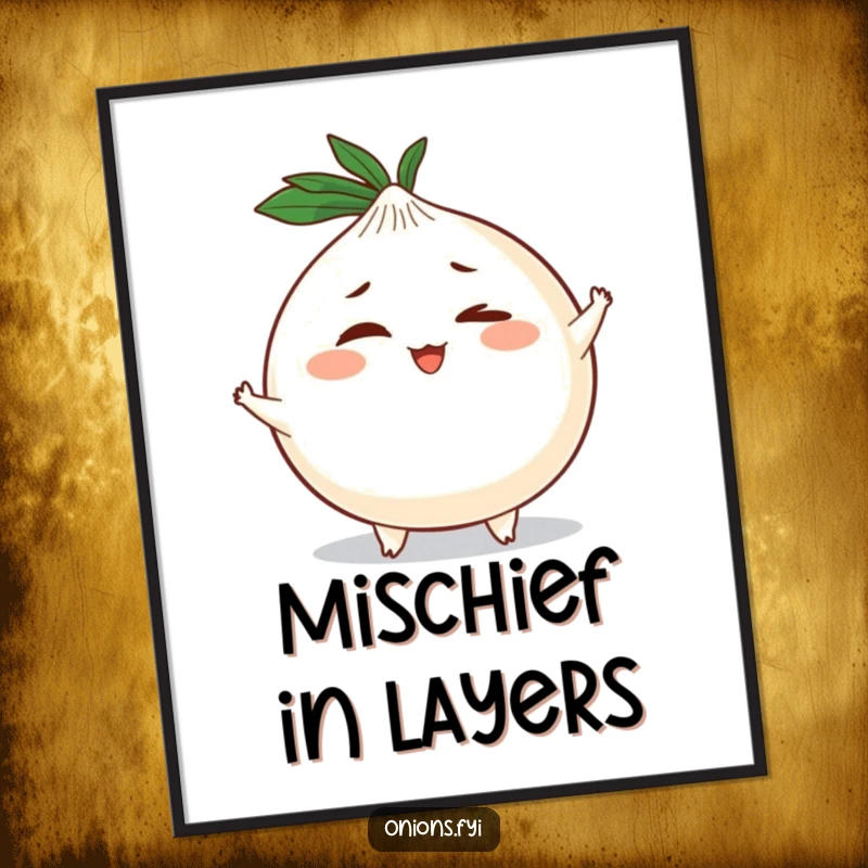 Funny poster art of a round onion character with tiny arms and legs, delivering a mischievous wink, adding humor to decor.