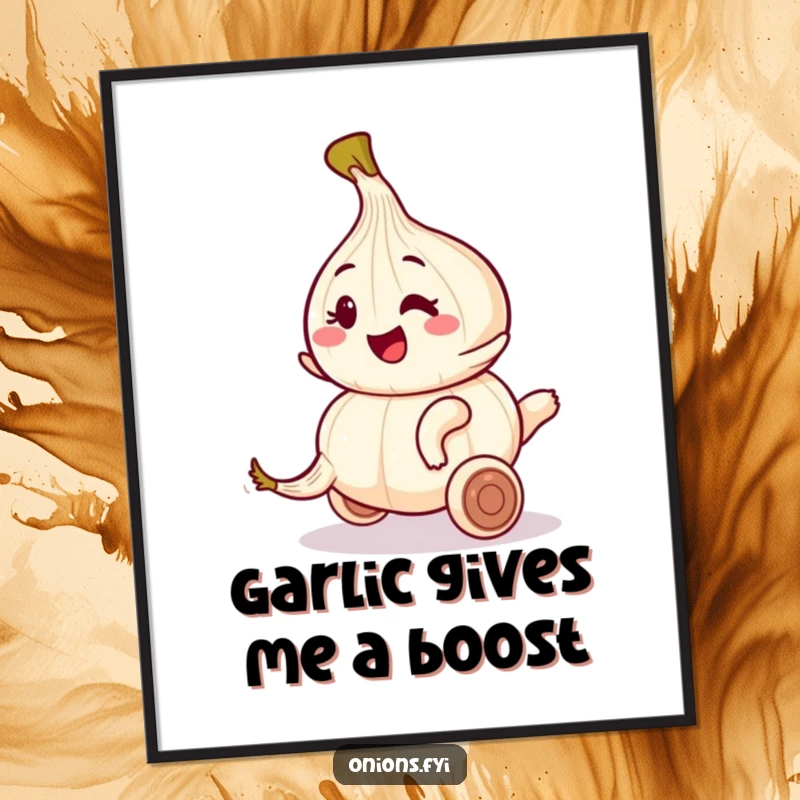 Funny poster art of an onion character winking as it embarks on a playful ride on a rolling garlic clove.
