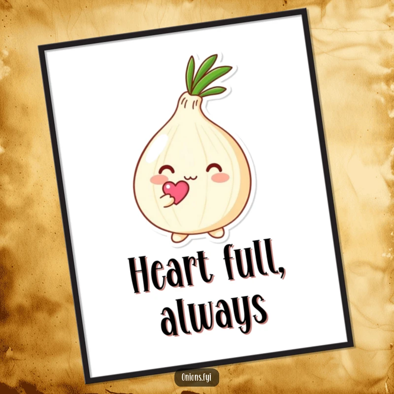 Funny Kawaii onion character holding a tiny heart above its head with affection, vibrant poster art with cute and loving theme, wall decor.