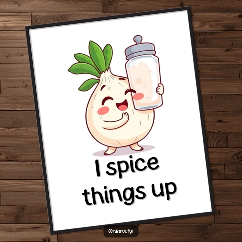Funny Onion Poster: A charming kawaii onion winks, holding a giant salt shaker, bringing culinary humor to your wall art.