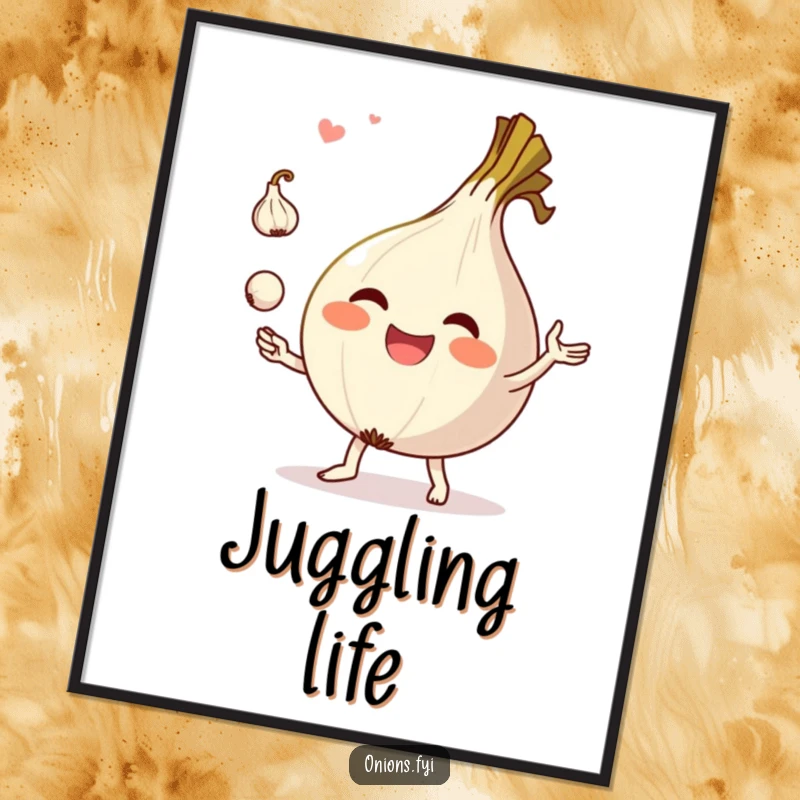 Funny poster featuring a cheerful onion character juggling garlic, a delightful piece of kitchen-themed wall art.