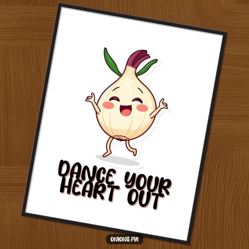 Funny poster of a Kawaii onion character joyfully performing a dramatic dance routine, adding vibrant and humorous decor.