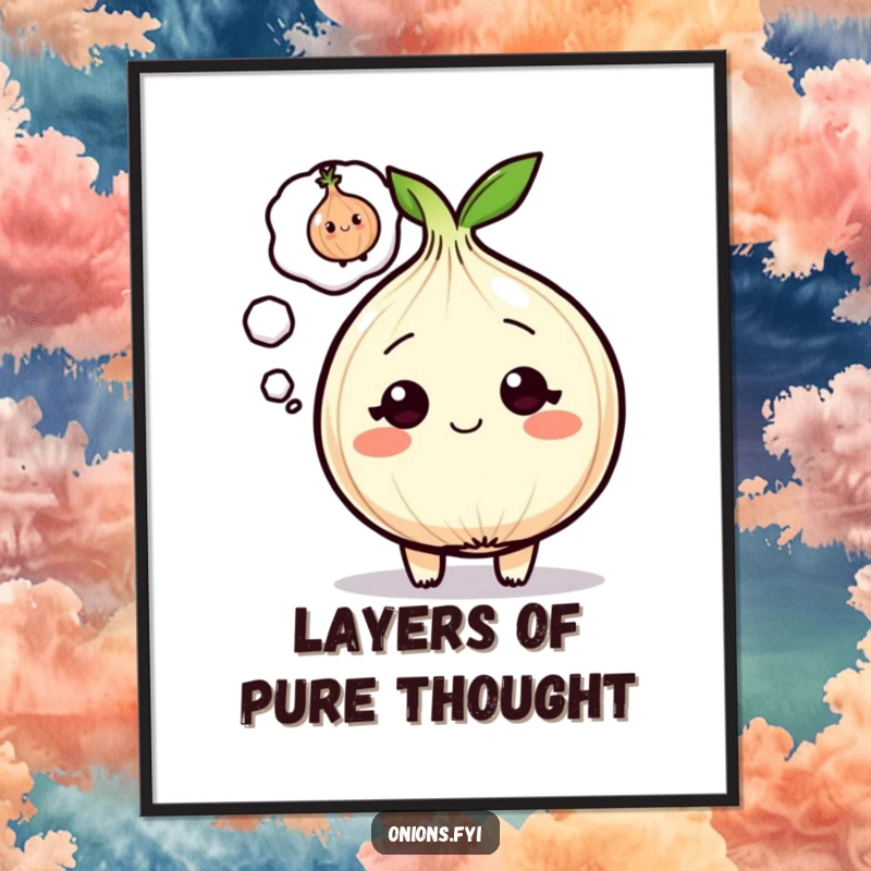 Funny Onion Poster displaying a cartoon onion with a winking onion in its thought bubble, ideal for quirky wall art.