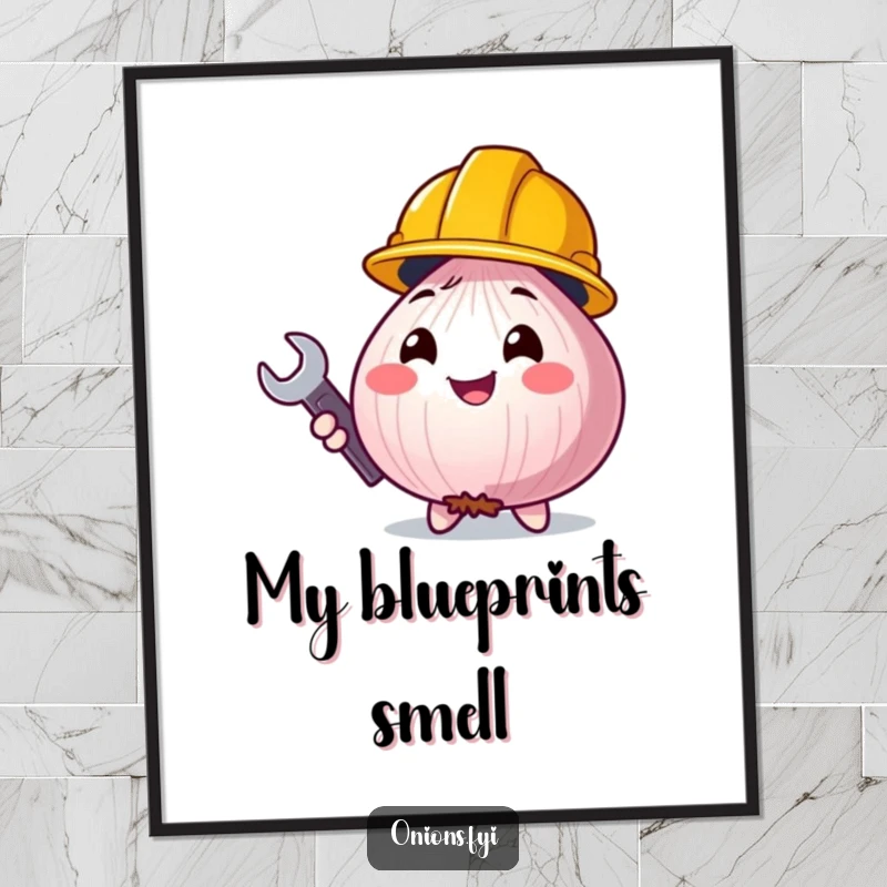 Funny onion character in a construction helmet, holding a wrench, perfect for wall decor, a humorous art print.