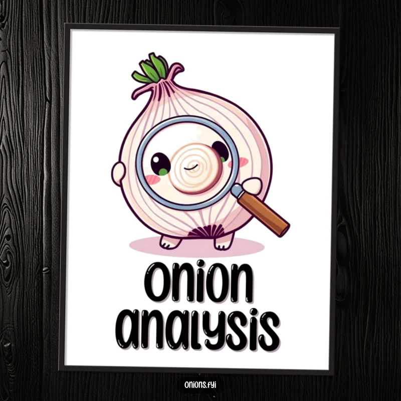 Funny poster art of an onion character using a magnifying glass to inspect a minuscule onion slice, emphasizing scrutiny and humor.
