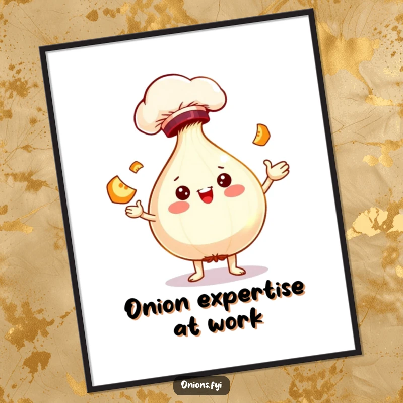 Funny chef onion character artfully juggling slices, adding cheerful and comical vibes to wall decor.