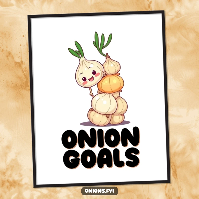 Funny poster art of an onion character attempting to climb a wobbly onion stack, representing life's humorous struggles and determination.