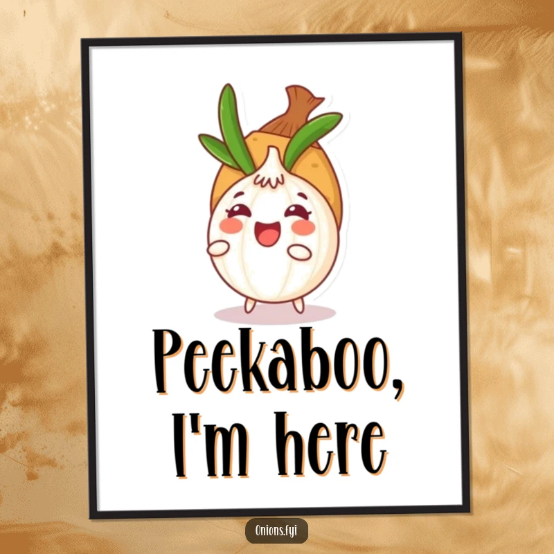Funny onion character playing hide-and-seek behind a potato, featured on a vibrant poster, adding a touch of humor to any wall.