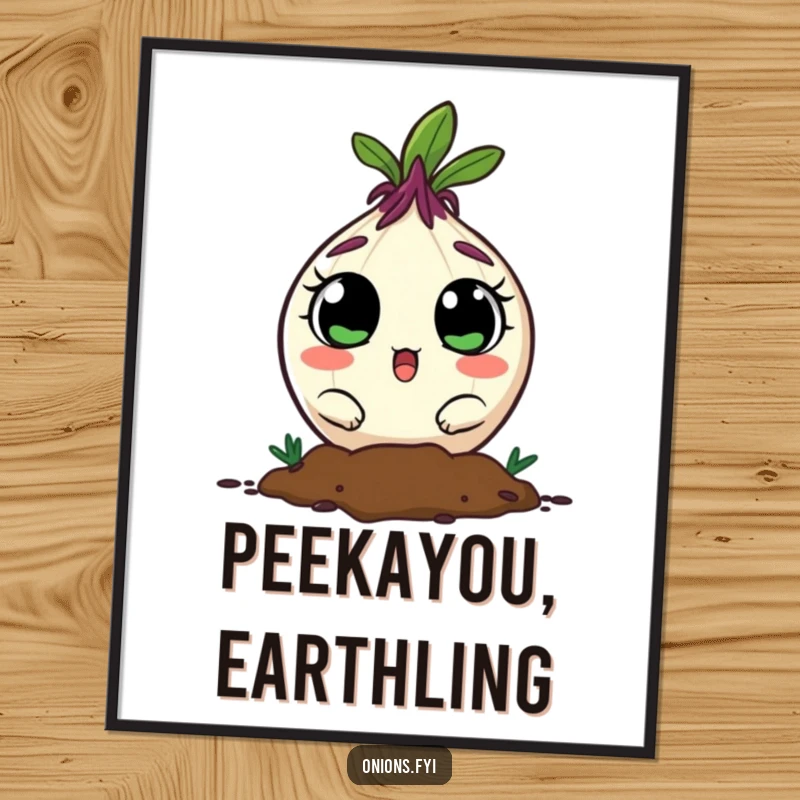 Funny onion character peeking from soil with wide, surprised eyes, a whimsical and humorous art print.