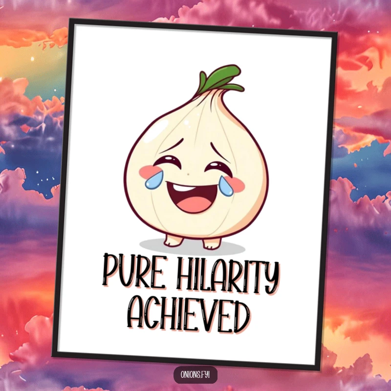 Funny onion character laughing with a single, sparkly tear on a poster, capturing the essence of overwhelming happiness.
