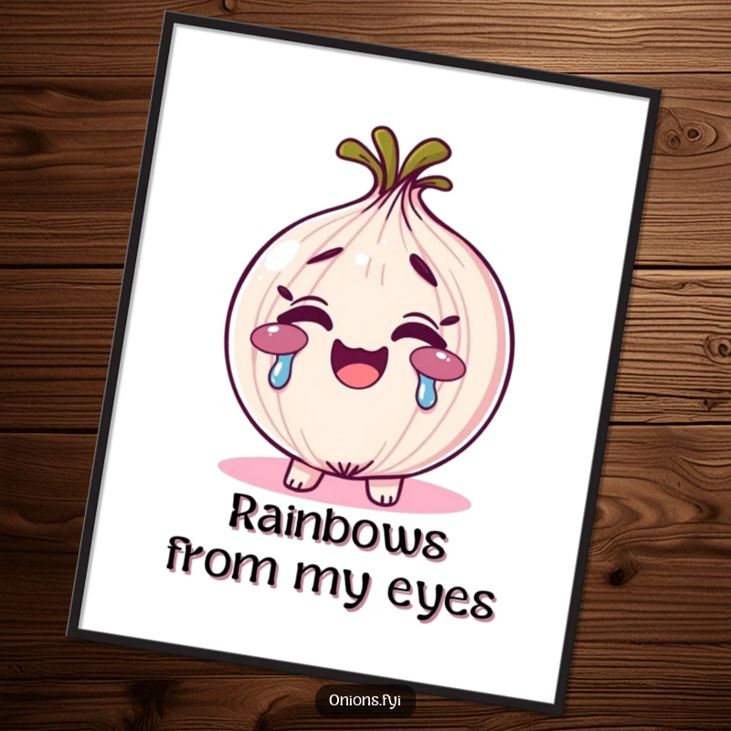 Funny rainbow tears onion art print, an onion character smiling and crying vibrant rainbow tears, emotional and colorful decor.