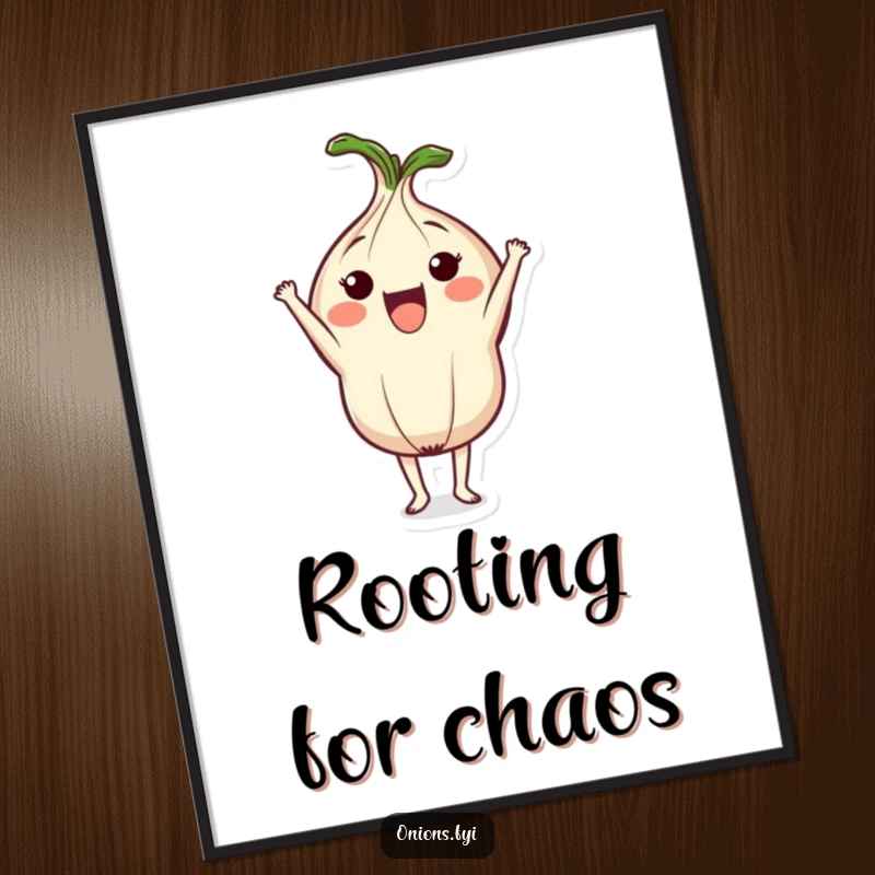 Funny poster of a cheerful onion character performing a headstand, bringing a positive and humorous yoga vibe to any room's decor.