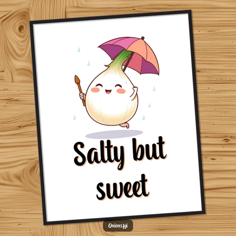 Funny poster art of an onion character with a tiny umbrella dancing in salt rain, conveying humorous emotional resilience.