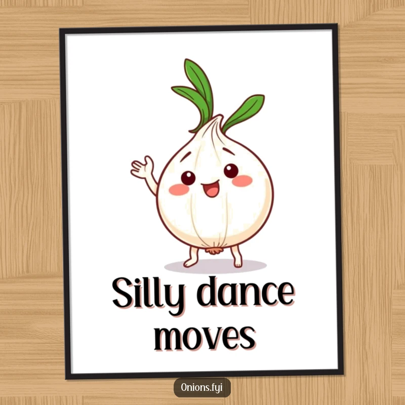 Funny Kawaii Onion Dance Poster: Cute onion character dancing silly, leafy top waving, great funny gift.