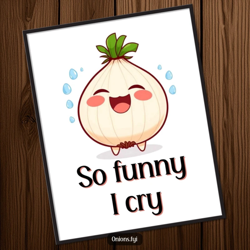 Funny poster art of an onion character laughing heartily, with water droplets depicted flying dynamically around its face.
