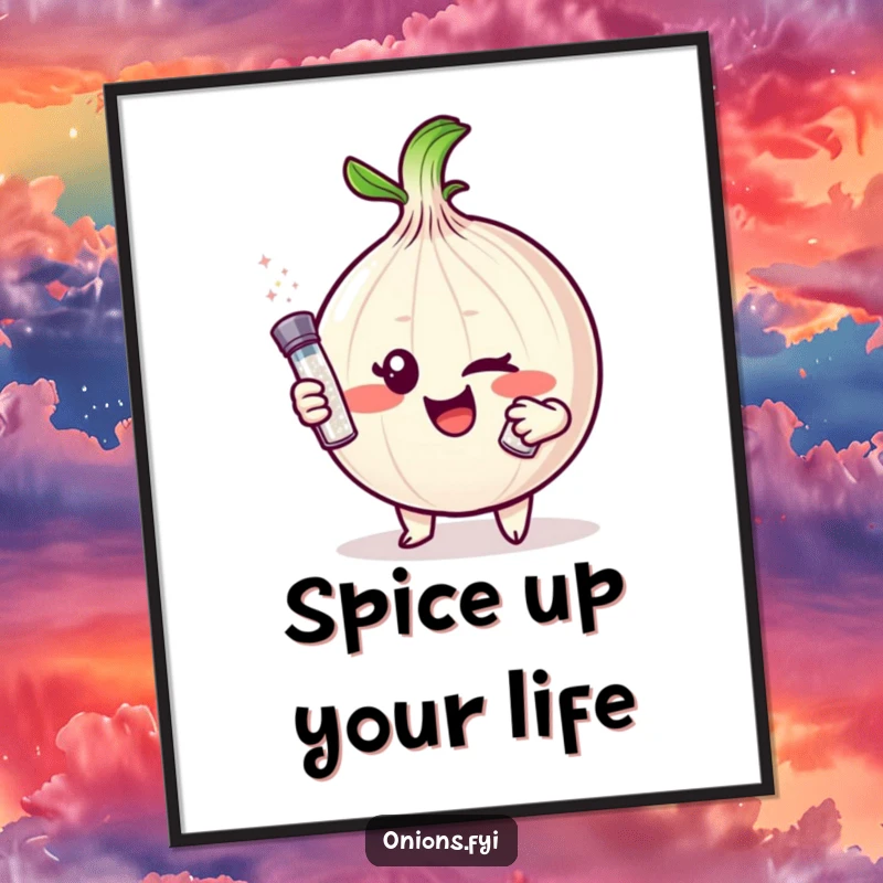 Funny Onion Poster: Mischievous onion character winks mischievously, offering a tiny, sparkling salt shaker, humorous wall decor.