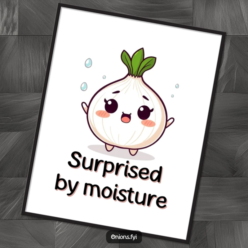 Funny poster showing a surprised onion character juggling small, shining droplets, perfect for dynamic and humorous wall art.