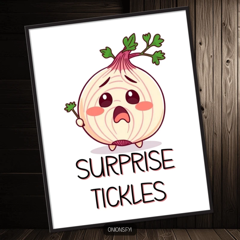 Funny poster of an onion character with exaggerated surprise, being tickled by parsley, creating humorous wall decor.