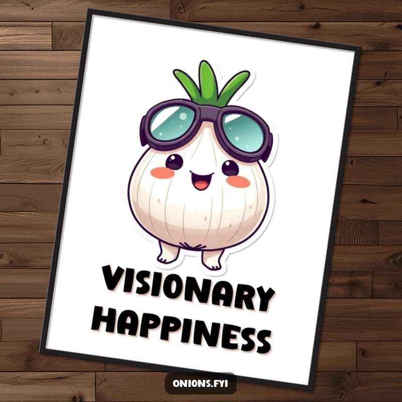Funny goggle onion poster, an onion character wearing oversized goggles, looking surprisingly happy, whimsical adventure art.