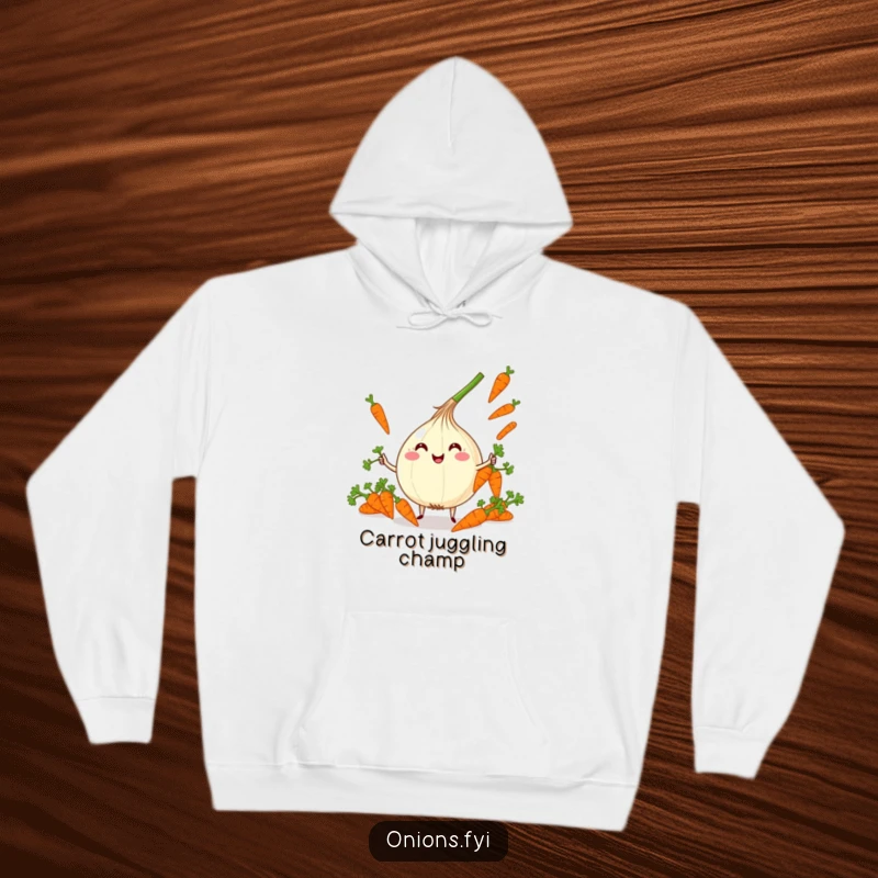 Funny Kawaii Onion Juggling Hoodie: Cute onion character juggling carrots with glee, cozy funny gift.