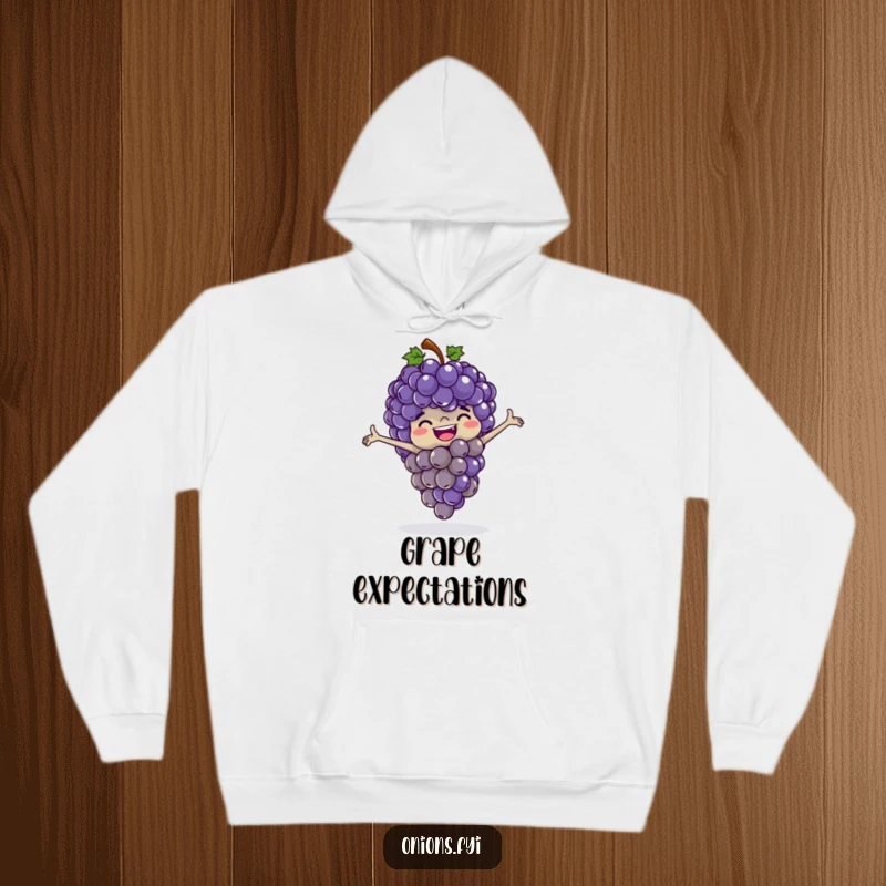 Funny grapes hoodie, a bunch of giggling grapes playing leapfrog with outstretched arms, soft, warm, and amusing.