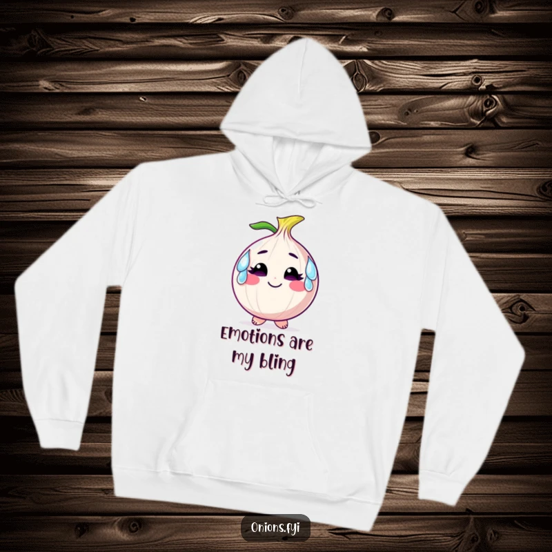 Funny hoodie depicting a smiling onion character wearing large, comical tears as earrings, blending humor and emotion.