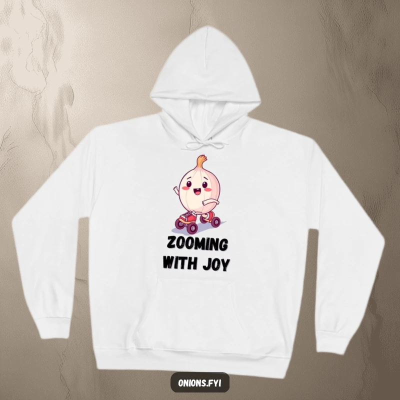Funny hoodie showing a happy onion character wearing small roller skates and zooming with joy, providing cozy comfort.