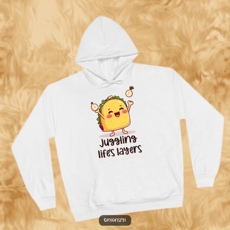 Funny taco hoodie, a jubilant taco with tiny arms juggling three small onions, soft, warm, and amusing.