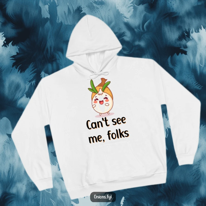 Funny onion character playing hide-and-seek behind a potato, designed for a cozy hoodie, radiating playful and warm vibes.