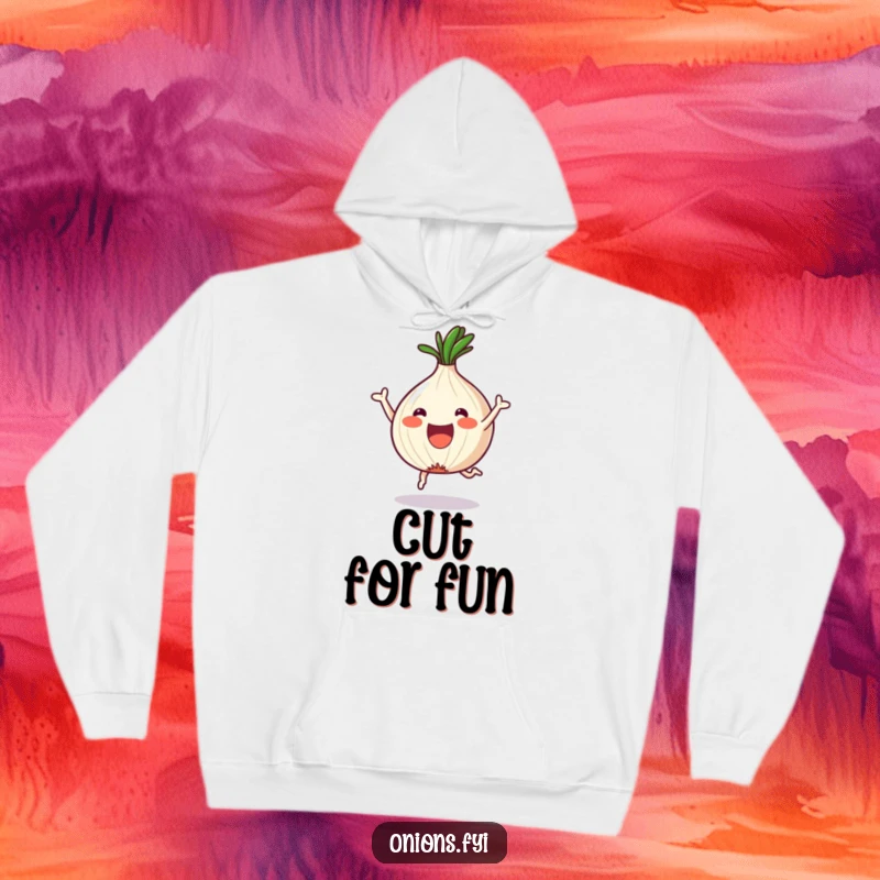 Funny Onion Hoodie: A kawaii onion rejoices in its new fun shapes, a celebration of being joyfully chopped.