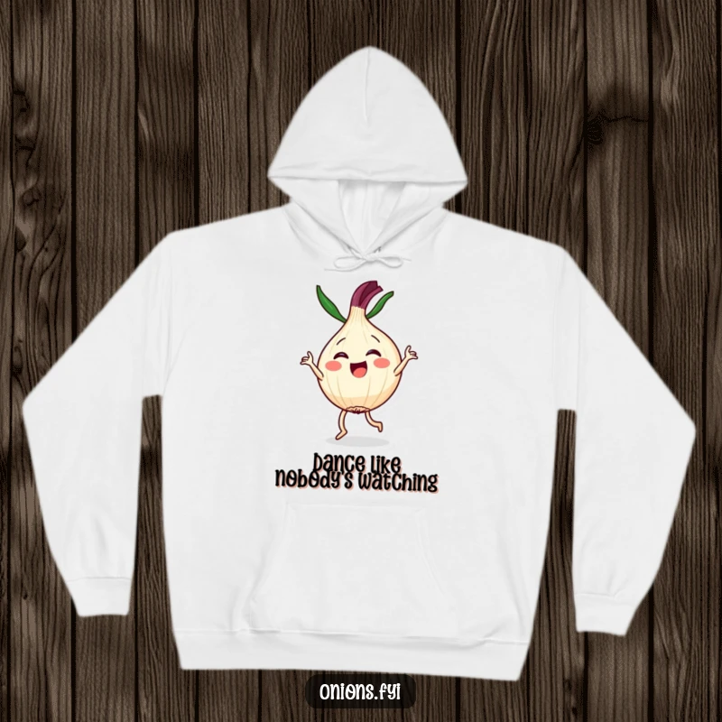Funny hoodie with a Kawaii onion character joyfully performing a dramatic dance routine, ideal for a cozy and funny gift.