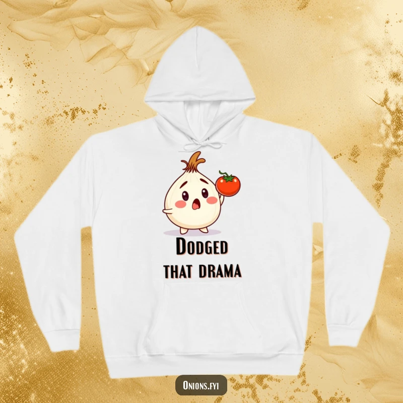 Funny onion character in a hoodie, gasping as a tomato falls, evoking a humorous near-miss scenario.