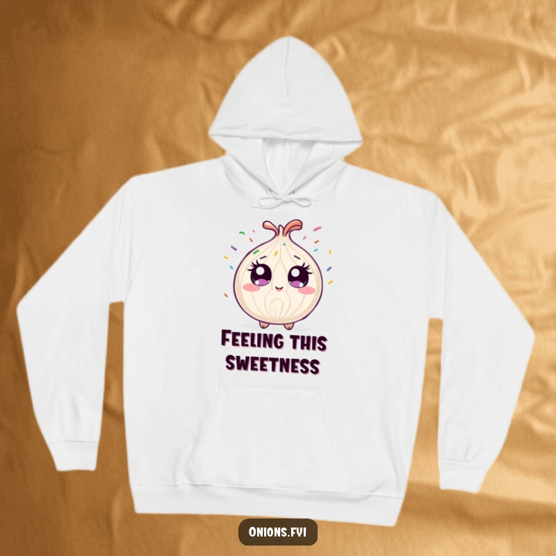 Cozy funny onion character with wide eyes, showered by rainbow sprinkles, a warm and humorous hoodie.