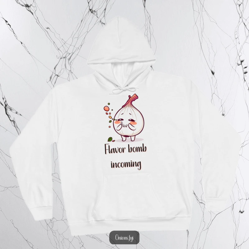 Funny hoodie depicting an onion character sneezing generously, releasing a flavorful cloud of savory herb dust for warmth.