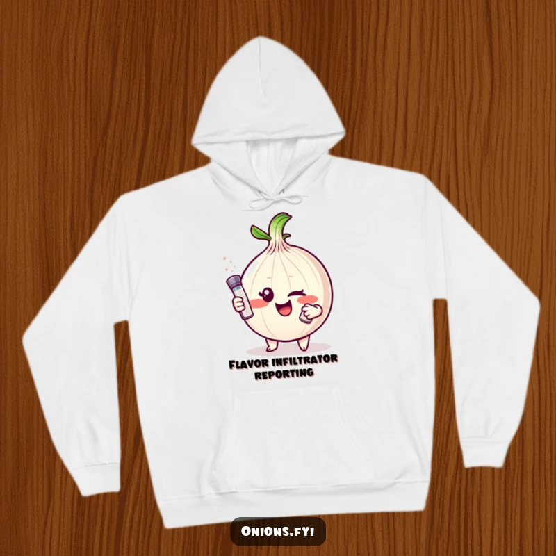 Funny Onion Hoodie: A mischievous onion character winks suggestively, holding a tiny salt shaker, irresistibly humorous.